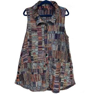 Damee Artsy Patchwork Sleeveless Button-up Tunic with Wire Collar Lagenlook XL